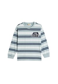 Langärmliges gestreiftes T-Shirt in Grau, Blau und Weiß. Mit der Stickerei "NEW YORK 19" auf der Brust. Aus weichem Baumwollmaterial.