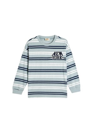Langärmliges gestreiftes T-Shirt in Grau, Blau und Weiß. Mit der Stickerei "NEW YORK 19" auf der Brust. Aus weichem Baumwollmaterial.