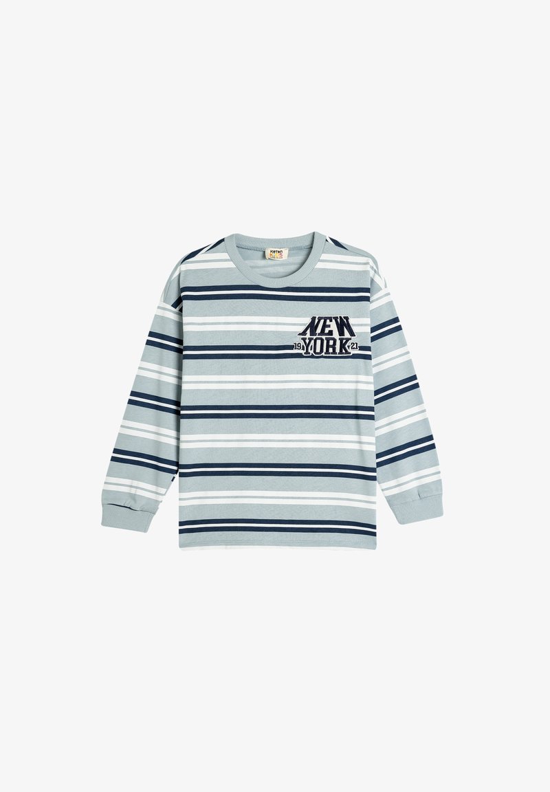 Long-sleeve striped t-shirt in gray, blue, and white. Features "NEW YORK 19" embroidery on the chest. Soft cotton material.