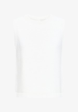 Valge varrukateta soonikkoes top ümarate kaelusega ja kergelt tekstureeritud horisontaalsete triipudega.