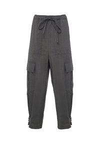 Pantaloni cargo grigio scuro con vita regolabile tramite cordoncino, dotati di due tasche frontali e polsini con bottone. Realizzati in tessuto testurizzato. Vestibilità comoda.