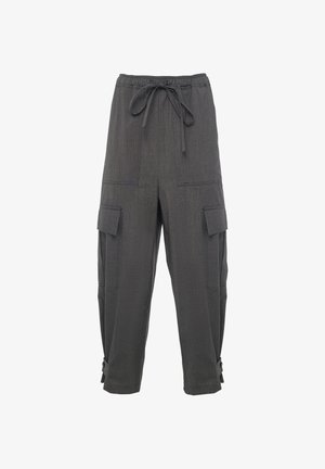 Pantaloni cargo grigio scuro con vita regolabile tramite cordoncino, dotati di due tasche frontali e polsini con bottone. Realizzati in tessuto testurizzato. Vestibilità comoda.