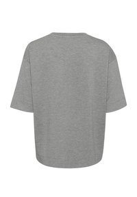 Grijze korte mouwen t-shirt gemaakt van zacht materiaal; ontspannen pasvorm met een ronde halslijn en zichtbare stiksels langs de randen.