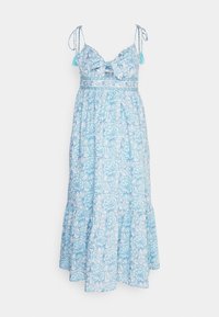 Blå blommig maxiklänning med spagettiband, en rosett vid bodicen, volangkant och intrikata vita blommönster genom hela klänningen.