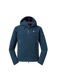 Marineblaue wasserdichte Jacke mit Kapuze, ausgestattet mit zwei Reißverschlusstaschen vorne, verstellbaren Kordeln und einem leichten, eleganten Design.