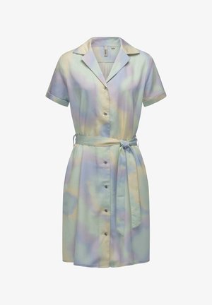 Abito a maniche corte in colori pastello, con colletto, bottoni frontali e una cintura abbinata da annodare. Realizzato in tessuto liscio e leggero.