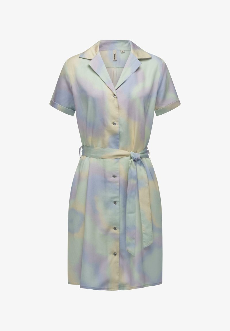 Korte mouw jurk in pastelkleuren, met een kraag, knopen aan de voorkant en een bijpassende strikceintuur. Gemaakt van zachte, lichte stof.