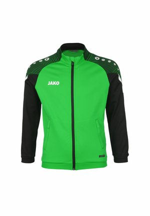Veste de sport verte et noire avec fermeture éclair à l'avant, dotée d'un col haut, de poches latérales et d'accents à motifs sur les épaules.
