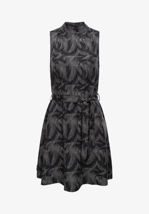 Ärmelloses schwarzes Kleid mit hohem Kragen, mit einem weißen Blättermuster, tailliert mit einem Band und einem ausgestellten, strukturierten Rock.