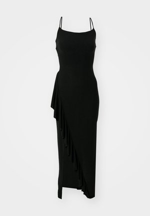 Robe noire sans manches avec un corsage ajusté, détail de volants asymétriques sur un côté et une silhouette longue et lisse. Fabriquée dans un matériau extensible.