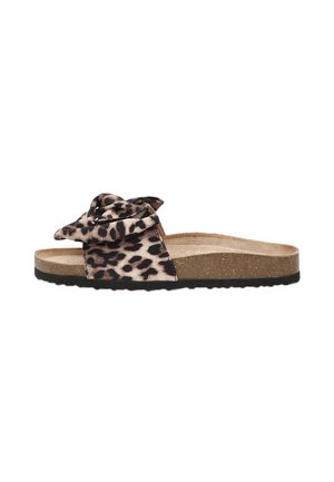 Sandalia tipo alpargata con estampado de leopardo y detalle de lazo, parte superior de tela suave, plantilla de corcho y suela de goma texturizada para mayor agarre.