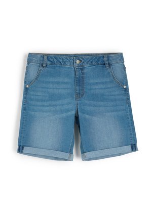 Szorty dżinsowe w jasnoniebieskim kolorze, z klasycznym pięciopocketowym wzorem, podwiniętymi nogawkami i zapięciem na guzik z przodu. Miękka tekstura, prosty krój.
