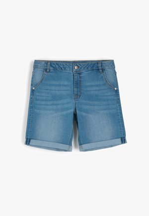 Szorty dżinsowe w jasnoniebieskim kolorze, z klasycznym pięciopocketowym wzorem, podwiniętymi nogawkami i zapięciem na guzik z przodu. Miękka tekstura, prosty krój.
