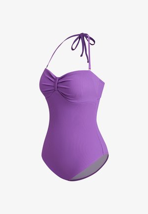 Maillot de bain une pièce violet côtelé avec un détail torsadé à l'avant et des bretelles fines. Texture lisse et coupe ajustée.