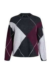 Maglione con collo rotondo grigio, nero e bordeaux, caratterizzato da un motivo a rombi con cuciture bianche. Realizzato in tessuto morbido e dalla texture piacevole.