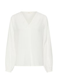 Blouse blanche à manches longues avec encolure en V, coupe décontractée et poignets élastiques froncés, confectionnée en tissu léger.