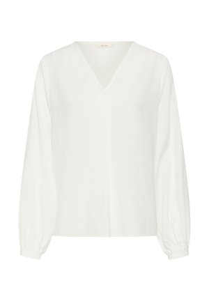 Weiße Bluse mit langen Ärmeln, V-Ausschnitt, lockerer Passform und gerafften elastischen Manschetten, gefertigt aus leichtem Stoff.