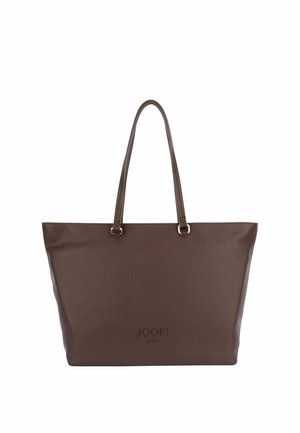 Borsa tote in pelle marrone con manici lunghi e logo JOOP! JEANS in rilievo al centro sul davanti.