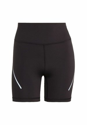 Black high-waist athletic shorts with a fitted design and reflective curved stripes on outer thighs, shown from front view.