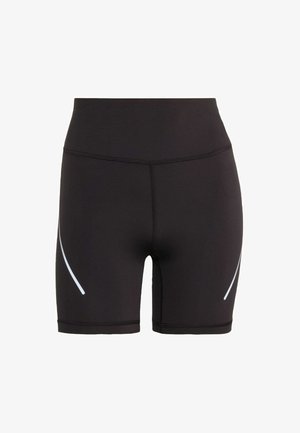 Shorts de sport noirs taille haute avec une coupe ajustée et des bandes réfléchissantes courbes sur les faces extérieures des cuisses, vus de face.