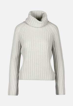 Maglione a coste grigio chiaro con collo alto, maniche lunghe e una silhouette aderente. Presenta una texture verticale e una finitura pulita.