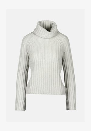 Maglione a coste grigio chiaro con collo alto, maniche lunghe e una silhouette aderente. Presenta una texture verticale e una finitura pulita.