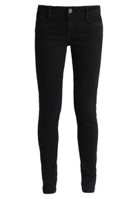 Jeans skinny de mezclilla negra con una textura suave, que cuentan con cinco bolsillos y un cierre de botón. Diseño clásico con una silueta ajustada.