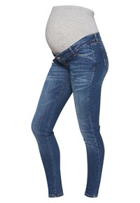 Jeans de maternidade em denim azul escuro com um design ajustado. Apresenta uma cintura elástica cinza e desbotamento sutil ao longo das pernas.