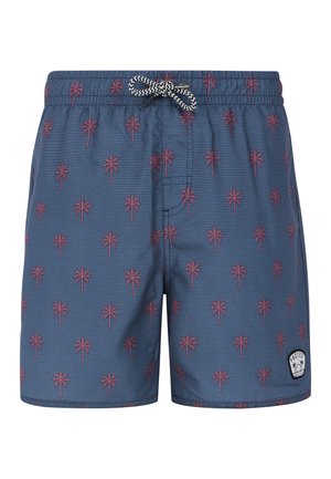 Marine zwembroek met rood palmbomenprint, elastische tailleband en trekkoord. Heeft een logo-opdruk op het rechteronderbeen.