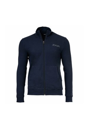 Navy zip-up sweatshirt made of soft fabric. Features stand-up collar, ribbed cuffs, and front pockets. 'JOOP!' logo on the left chest.