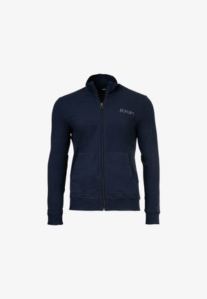 Marine kleurige sweatjack gemaakt van zachte stof. Kenmerkt een opstaande kraag, geribbelde manchetten en voortassen. 'JOOP!' logo op de linkerkant van de borst.