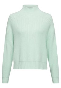 Mintgrüner Strickpullover mit hohem Kragen, abfallenden Schultern, gerippten Bündchen und Saum, der eine strukturierte Oberfläche und einen lockeren Schnitt aufweist.
