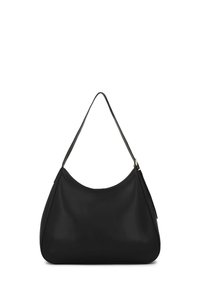Sac hobo noir en cuir lisse avec un dessus incurvé, une seule bandoulière et un design minimaliste. Équipé de quincaillerie en ton or.