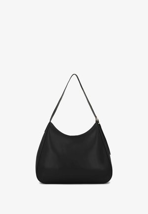 Geantă hobo neagră din piele netedă, cu partea superioară curbată, curea de umăr unică și un design minimalist. Dispune de accesorii aurii.