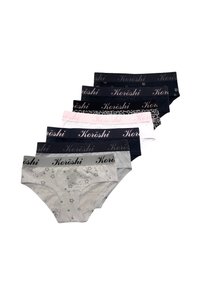 Sedem zloženih ženske hipster hlačk v črni, sivi, beli in roza barvi, vsake z blagovno znamko na pasu in različnimi vzorci.