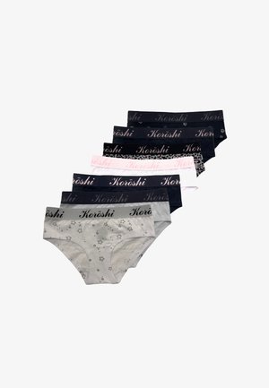 Seitsme volditud naiste hipster-stiilis aluspüksid mustas, hallis, valges ja roosas värvuses, igaühel bränditud vöö ja erinevad mustrid.