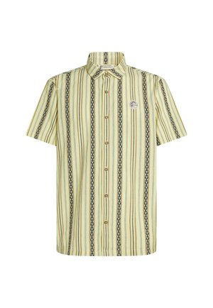 Lühikeste varrukatega kirjuline särk kahvatukollases värvitoonis vertikaalsete triipudega, millel on sinine mustriline riba ja ümmargune logo rinnal.