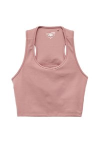 Sujeción deportiva rosa claro hecha de tejido suave, con un escote redondeado, diseño de espalda nadadora y un largo cropped sin adornos.
