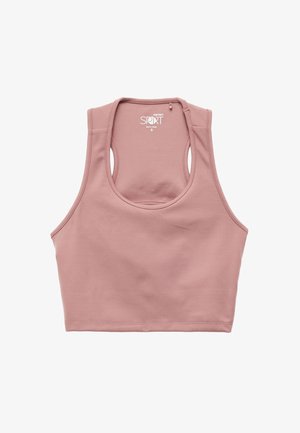 Sujeción deportiva rosa claro hecha de tejido suave, con un escote redondeado, diseño de espalda nadadora y un largo cropped sin adornos.