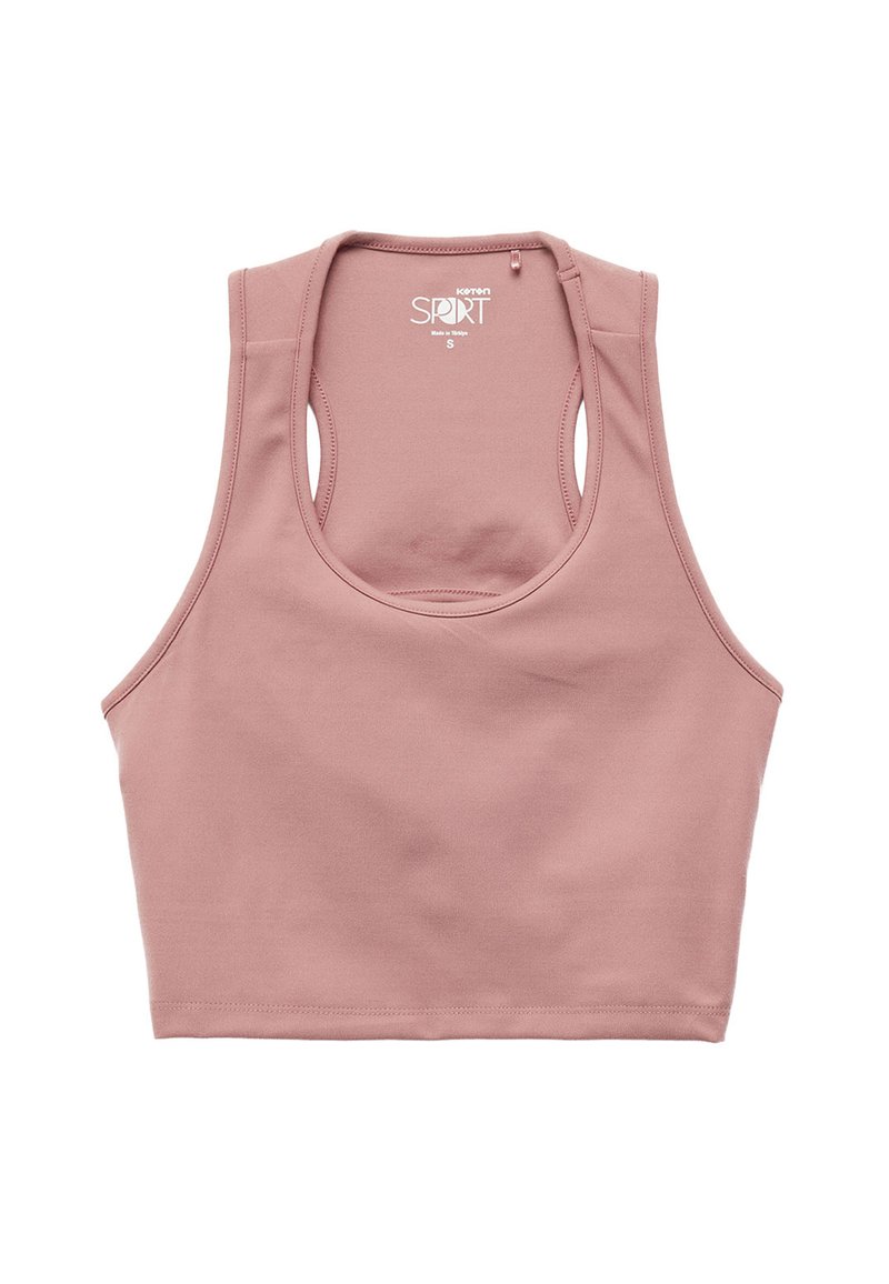 Sujeción deportiva rosa claro hecha de tejido suave, con un escote redondeado, diseño de espalda nadadora y un largo cropped sin adornos.