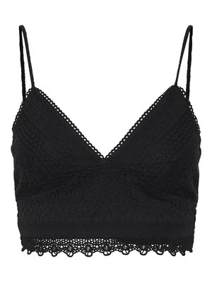 Black lace bralette with a v-neck design, thin straps, scalloped edges, and a textured surface featuring circular patterns.