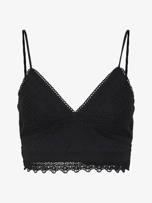 Czarny koronkowy biustonosz typu bralette z dekoltem w kształcie litery V, cienkimi ramiączkami, falbaniastymi brzegami oraz teksturowaną powierzchnią z okrągłymi wzorami.