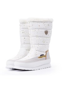 Weiße Stiefel mit strukturiertem Obermaterial, das mit goldenen Sprenkeln verziert ist, einem Futter aus Kunstfell und einer dicken weißen Sohle. Beinhaltet ein Logo-Element an der Seite.