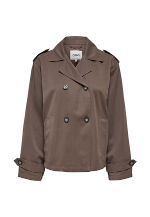 Καφέ διπλόμπελo cropped σακάκι με φαρδιές πέτες, κουμπωτά μανίκια, επωμίδες και πλαϊνές τσέπες.