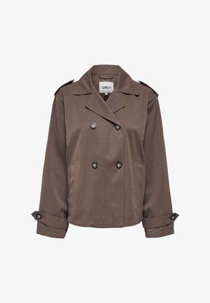 Καφέ διπλόμπελo cropped σακάκι με φαρδιές πέτες, κουμπωτά μανίκια, επωμίδες και πλαϊνές τσέπες.