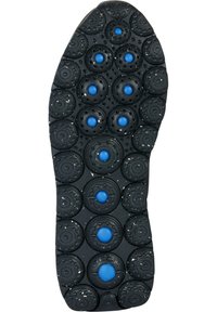 Suola di scarpa in gomma nera con motivi testurizzati circolari e accenti blu, progettata per aderenza e ventilazione. Marchio Geox visibile.