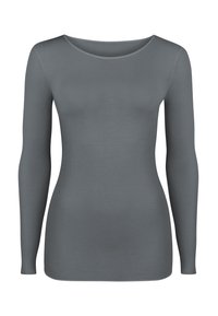 Long-sleeve top in soft gray fabric with a rounded neckline and form-fitting silhouette, featuring smooth, seamless construction.