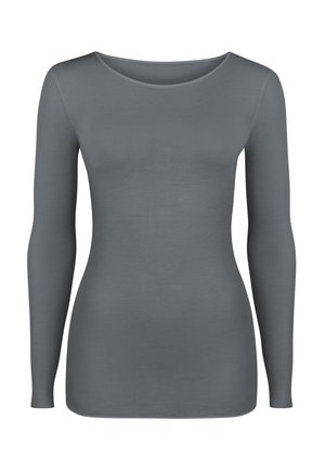 Long-sleeve top in soft gray fabric with a rounded neckline and form-fitting silhouette, featuring smooth, seamless construction.