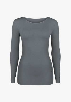 Long-sleeve top in soft gray fabric with a rounded neckline and form-fitting silhouette, featuring smooth, seamless construction.