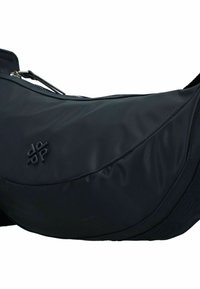 Borsa a tracolla nera realizzata in tessuto testurizzato, con chiusura a zip, design curvo e un notevole dettaglio con logo sul lato.